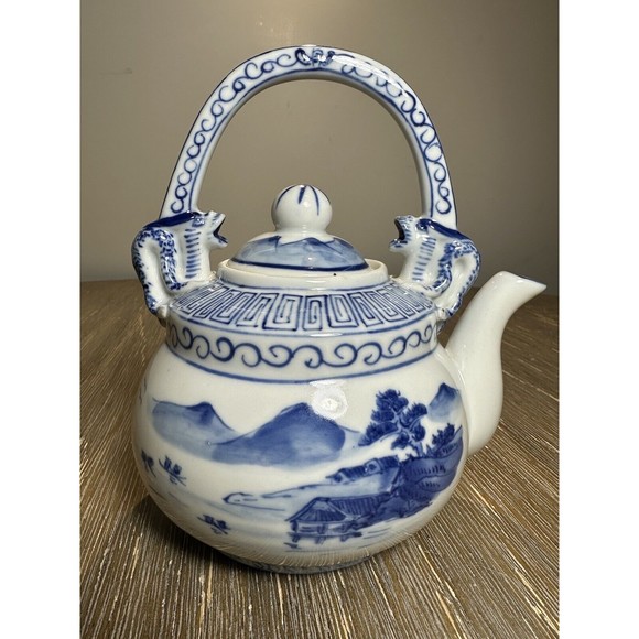 Chinese B/W Teapot, Yongzheng Mark, Water Dragons, River Landscape Village Scene - Picture 4 of 12